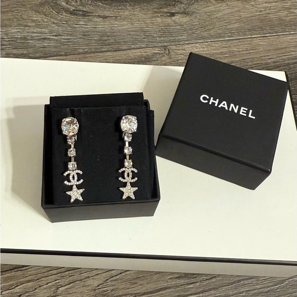 Chanel Silver CC Rhinestone Star Dangle Earrings - Picture 1 of 10